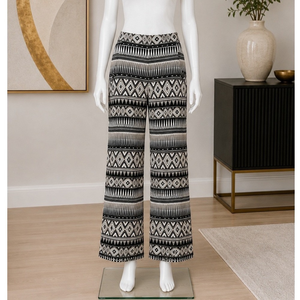 BCX Women Wide Leg Pants Geometric Tribal Print Black White Small